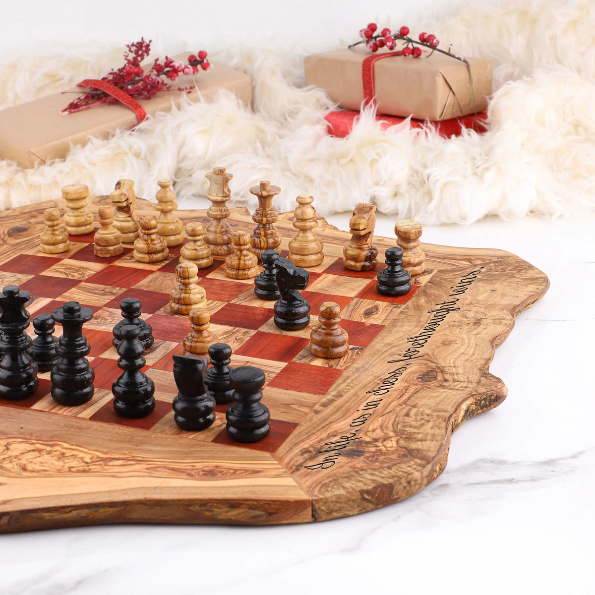 Personalized Chess Set handmade from Olive Wood On Wooden