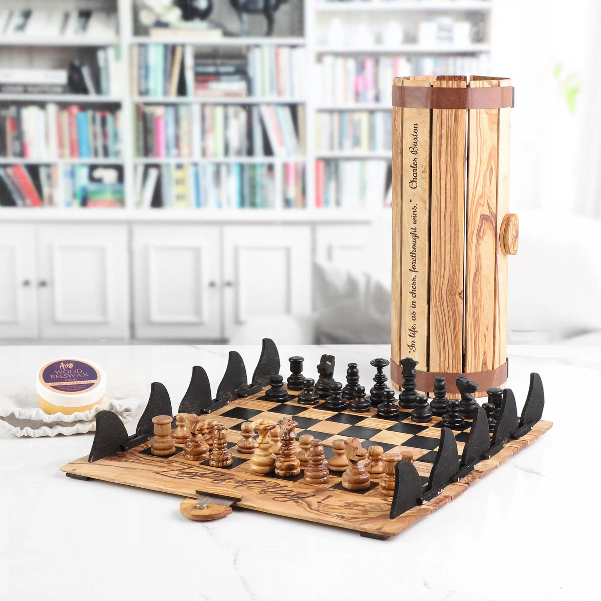 Portable Chess Set handmade from Olive Wood On Wooden