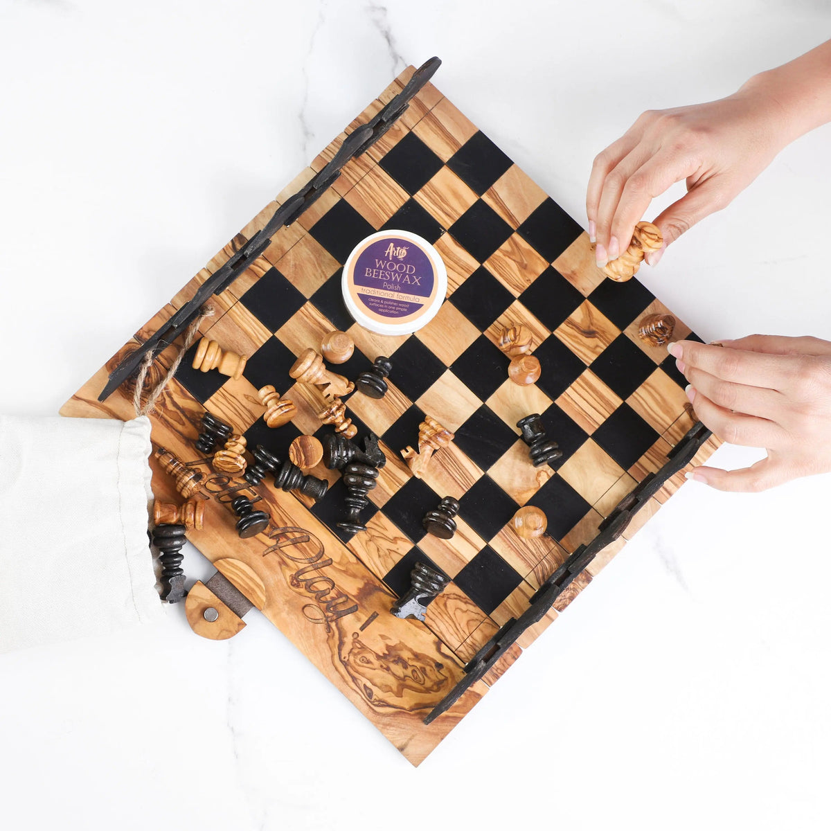 Portable Chess Set handmade from Olive Wood On Wooden