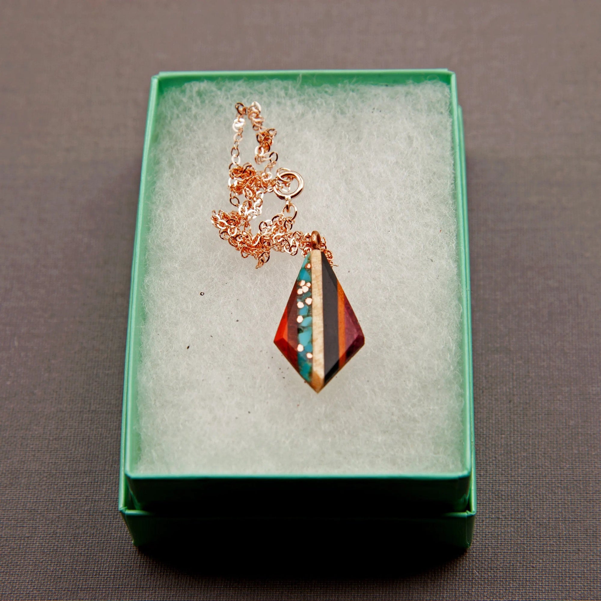 Recycled Copper and Turquoise Teardrop Pendant On Wooden