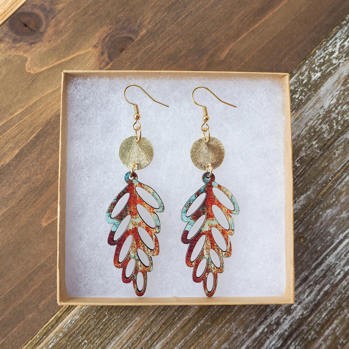 Rustic Wooden Leaf Earrings with Disc On Wooden