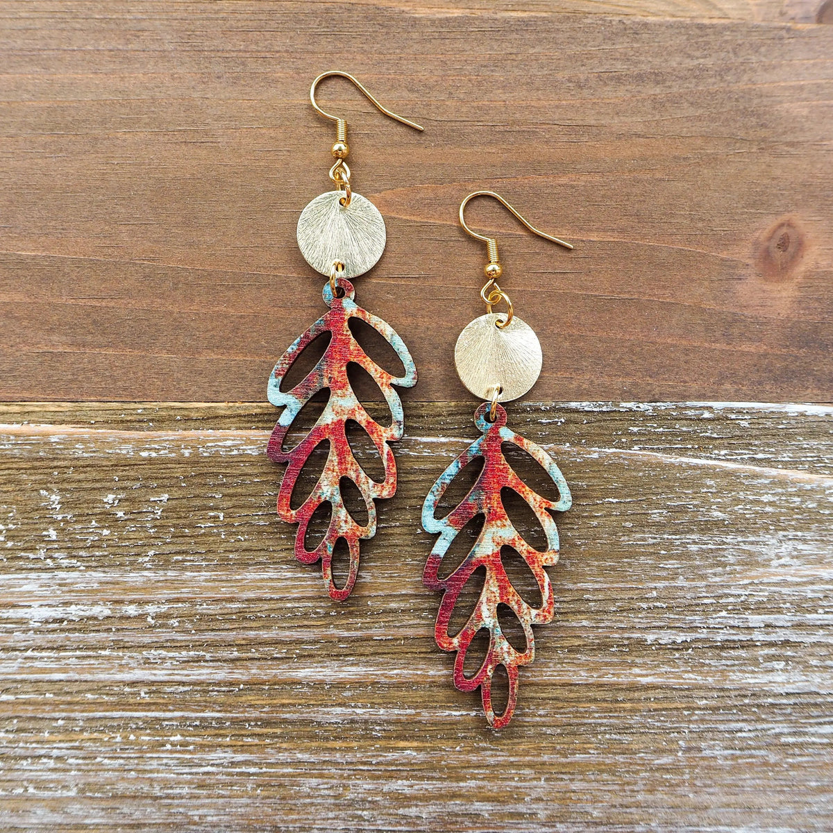 Rustic Wooden Leaf Earrings with Disc On Wooden