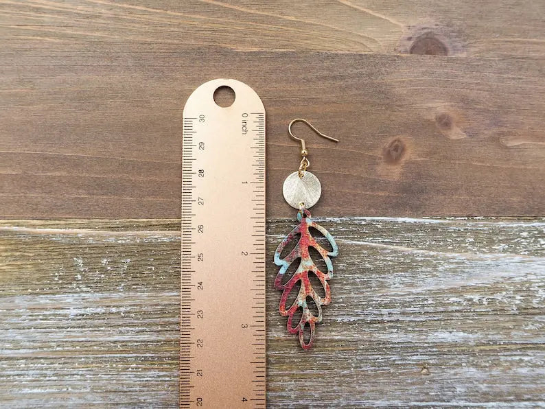 Rustic Wooden Leaf Earrings with Disc On Wooden