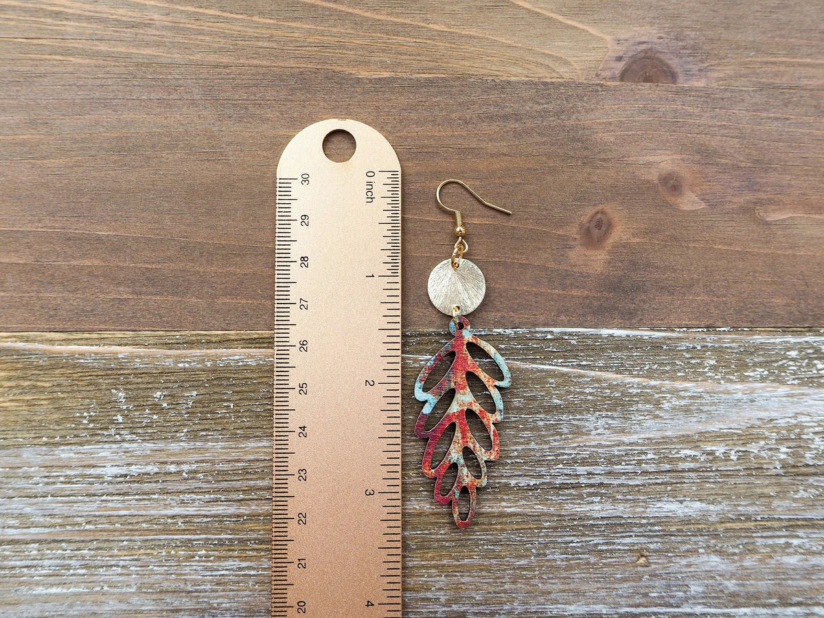 Rustic Wooden Leaf Earrings with Disc On Wooden