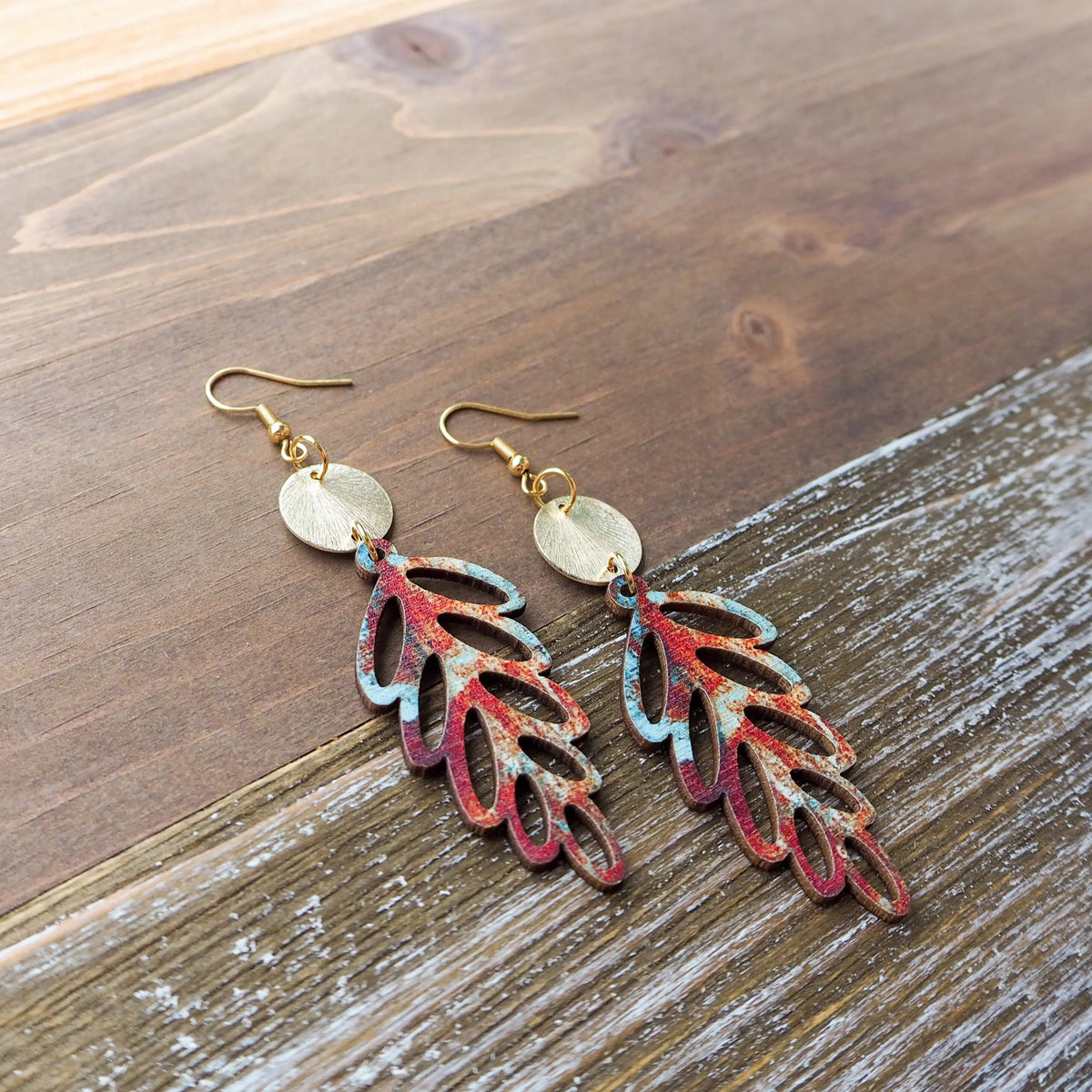 Rustic Wooden Leaf Earrings with Disc On Wooden