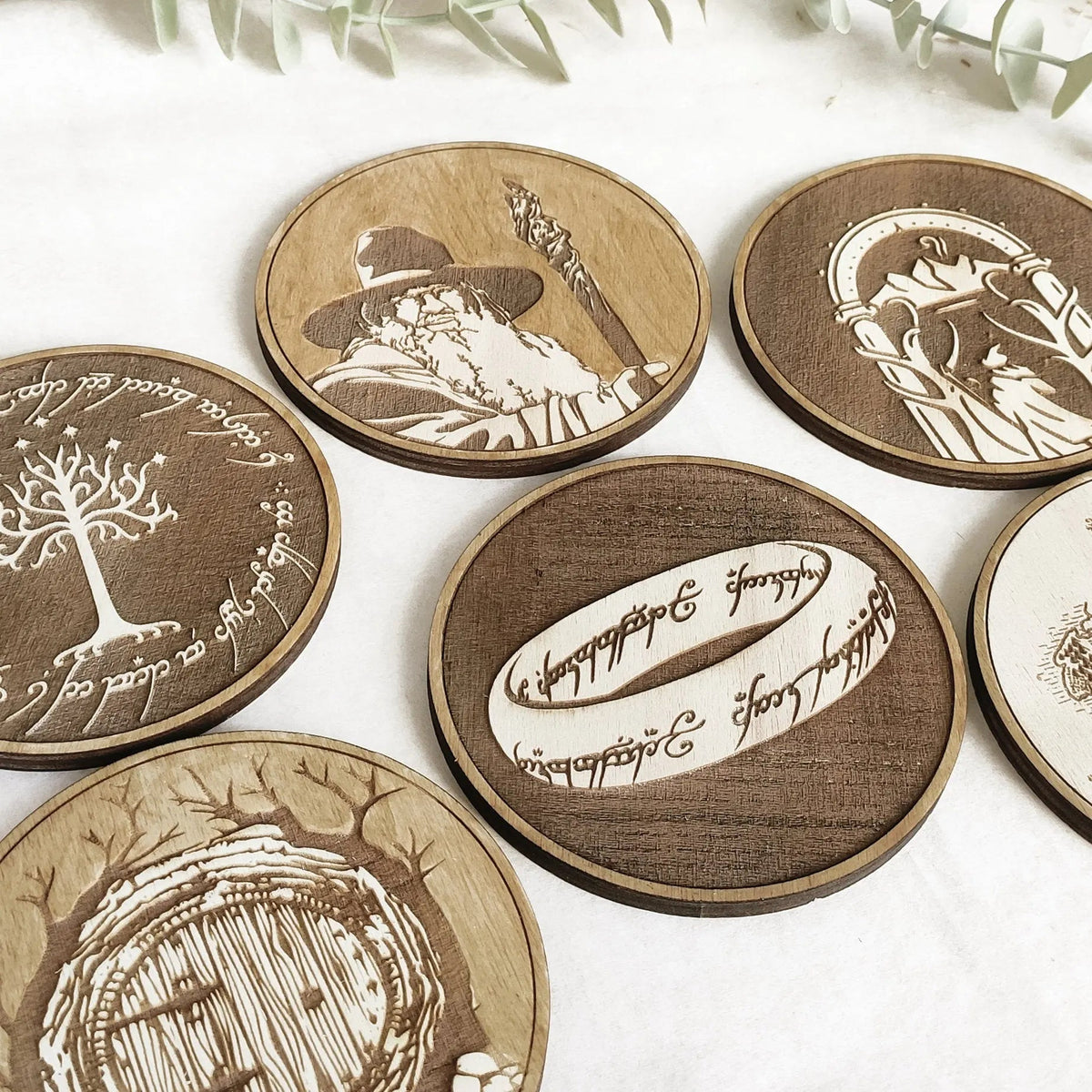 Set of 6 Lord of The Rings Wooden Coasters On Wooden