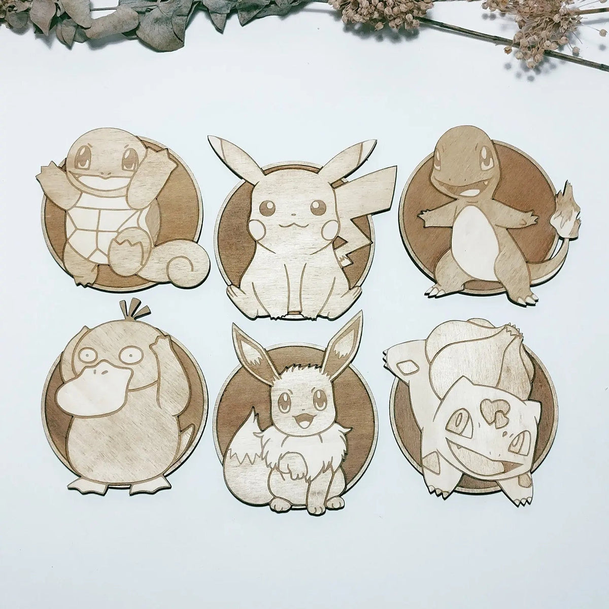 Set of 6 Pokemon Wooden Coasters On Wooden