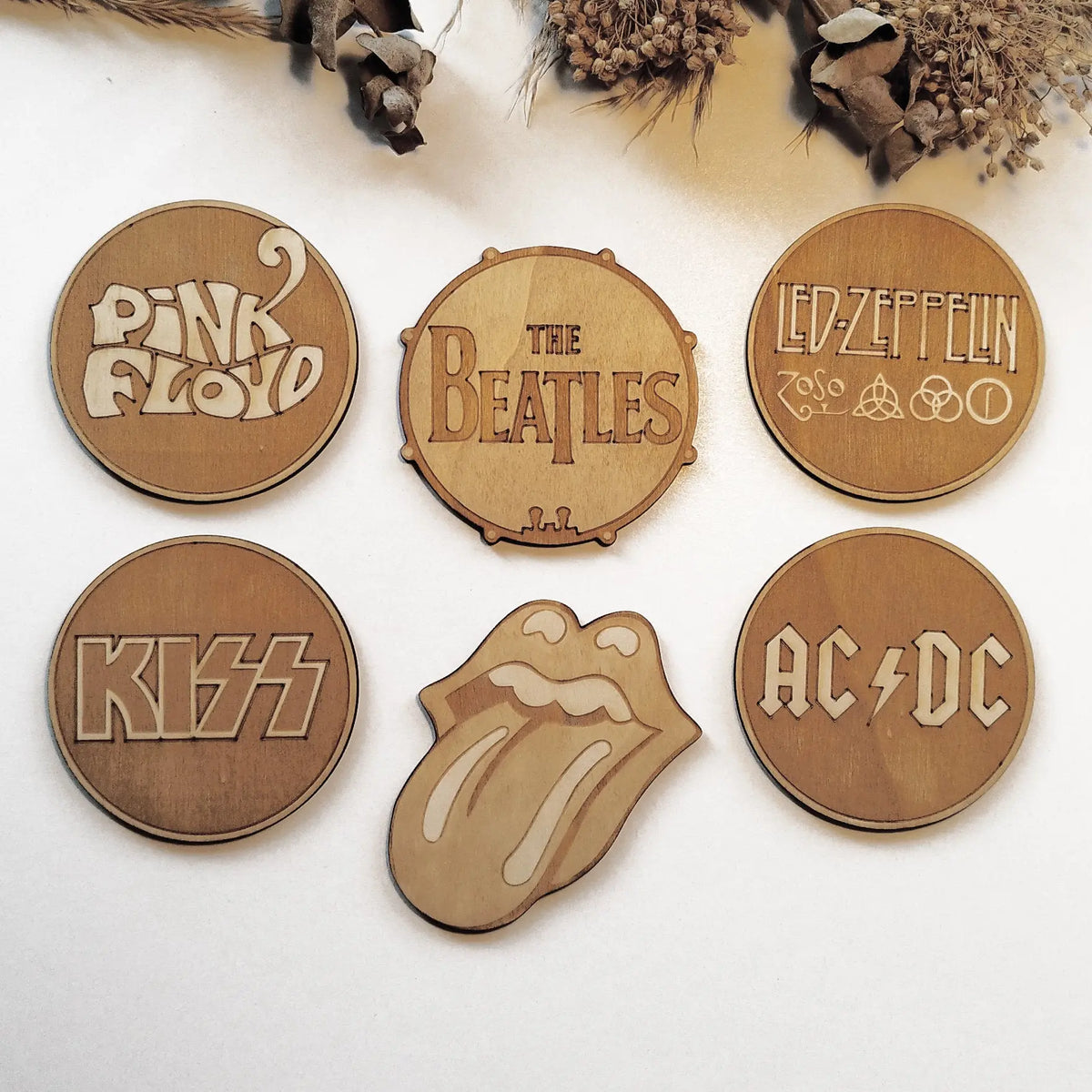 Set of 6 Rock Bands Wooden Coasters