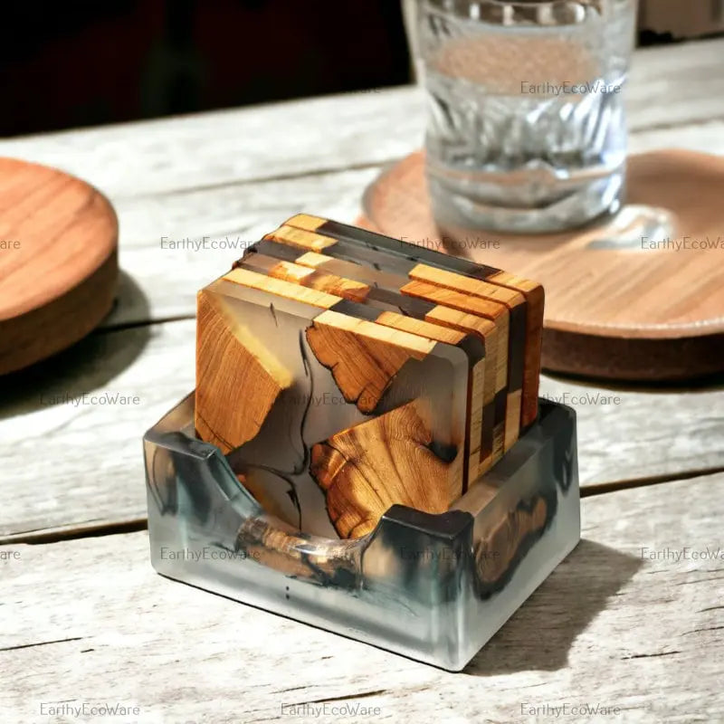 Set of 6 Wood Resin Coasters Handmade Coasters On Wooden