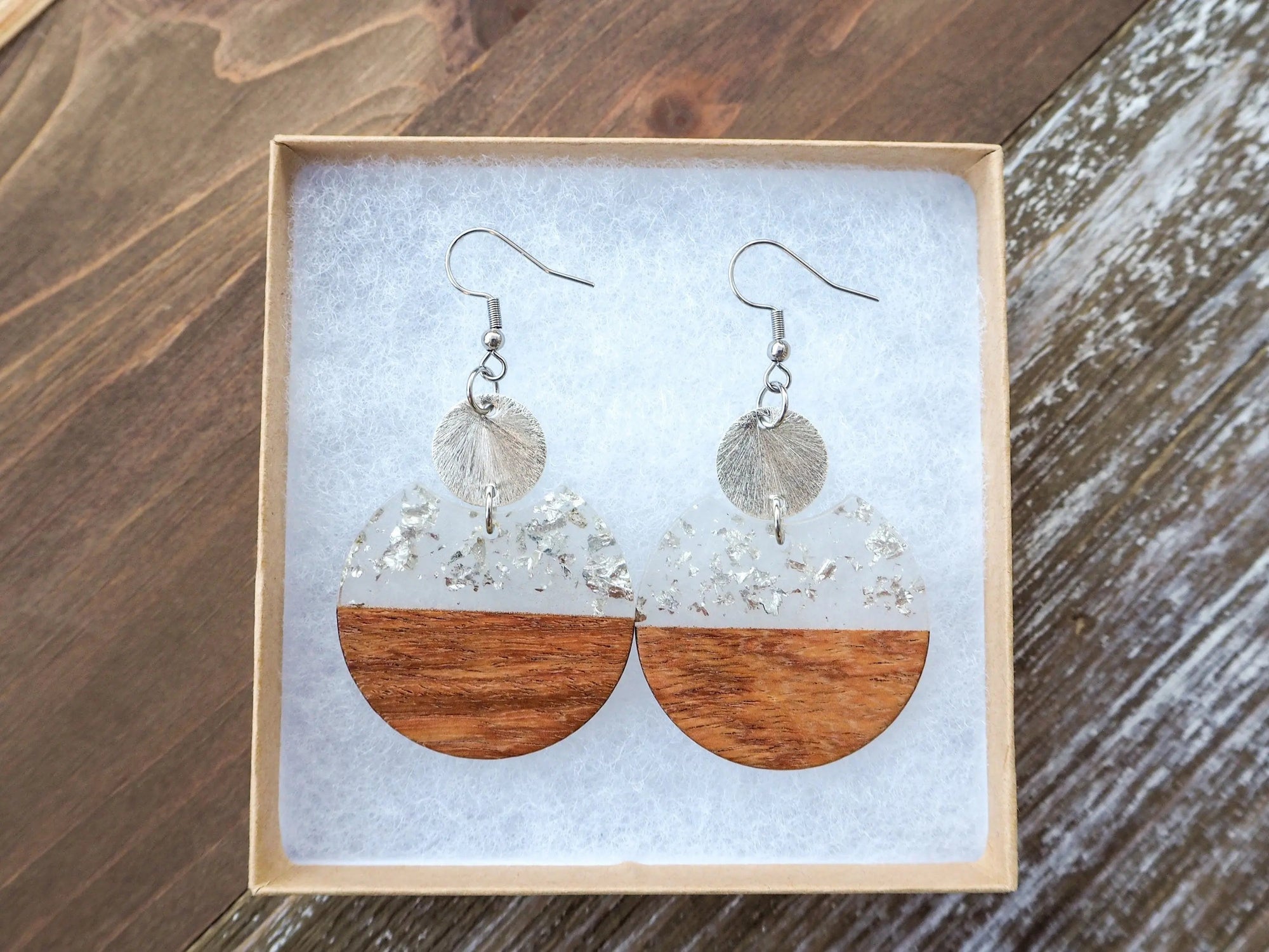 Silver Flakes & Wood Circle Earrings With Disc On Wooden