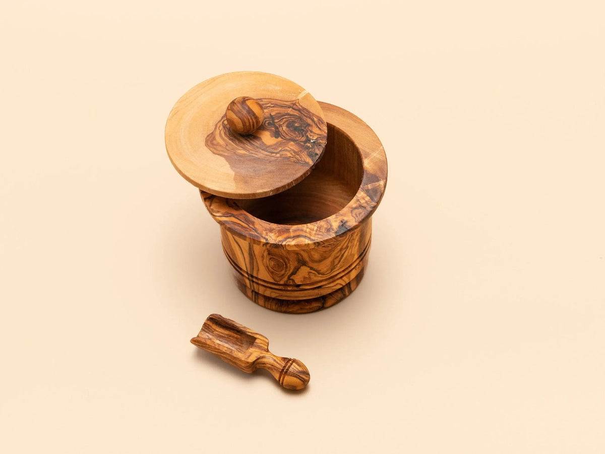 Small Olive Wood Salt And Spices Container On Wooden