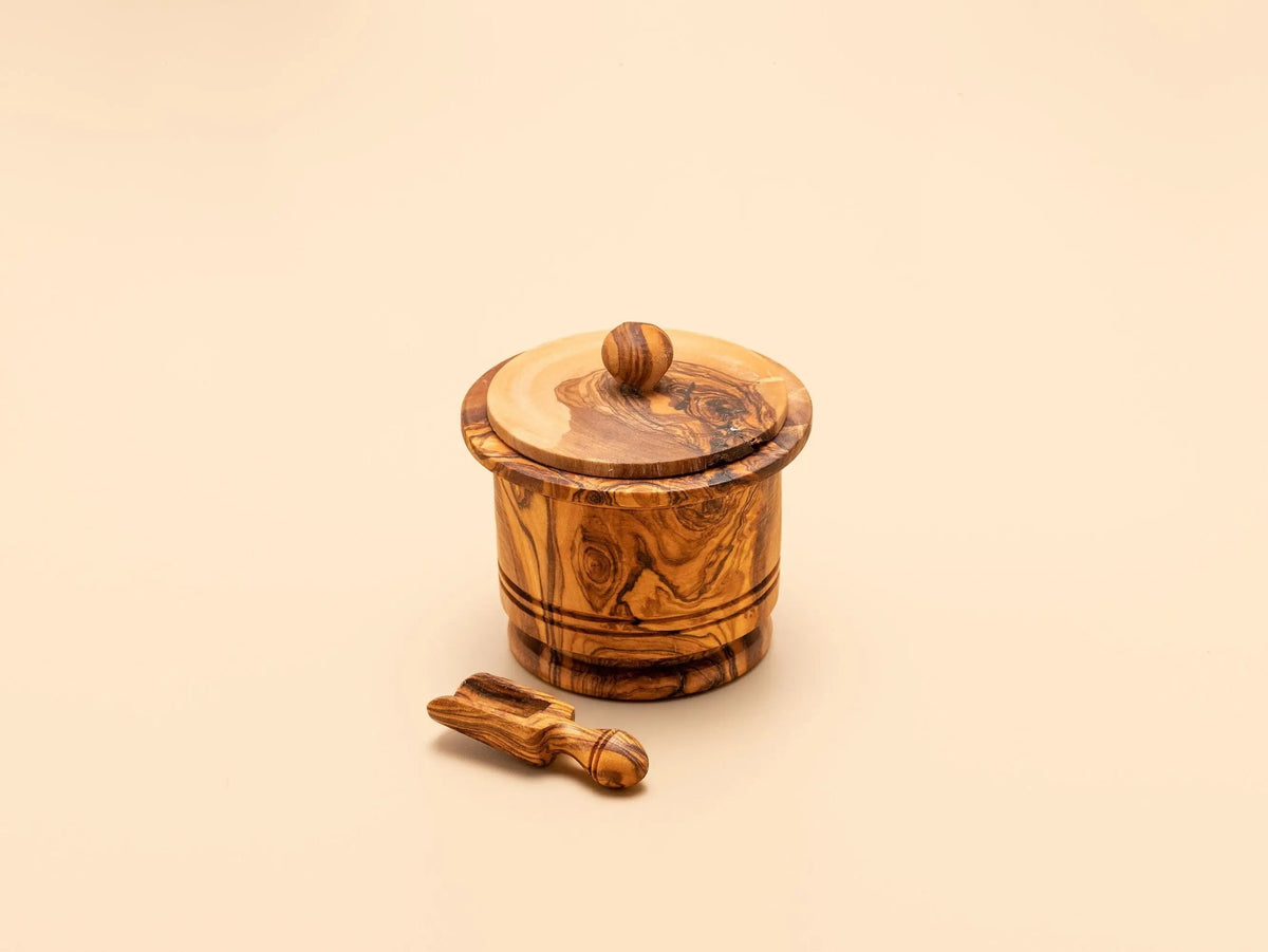 Small Olive Wood Salt And Spices Container On Wooden