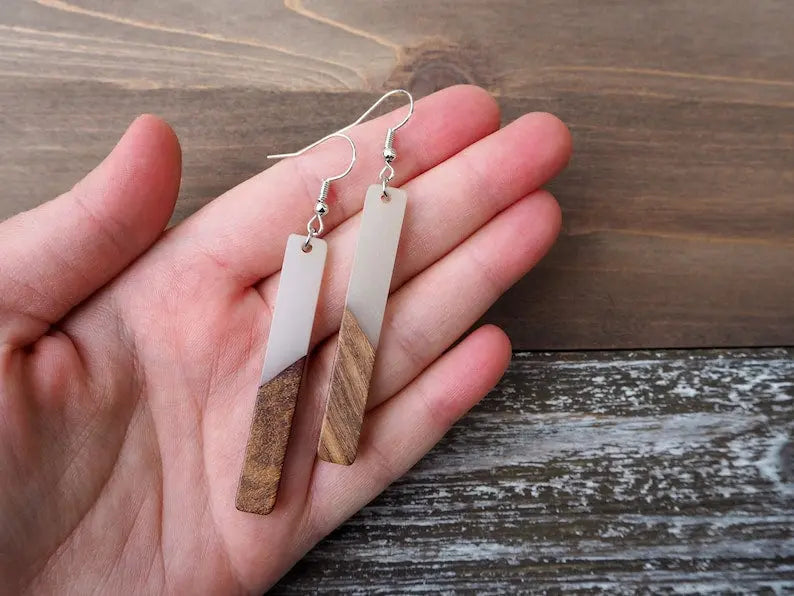 Smoky Gray &amp; Wood Bar Earrings On Wooden