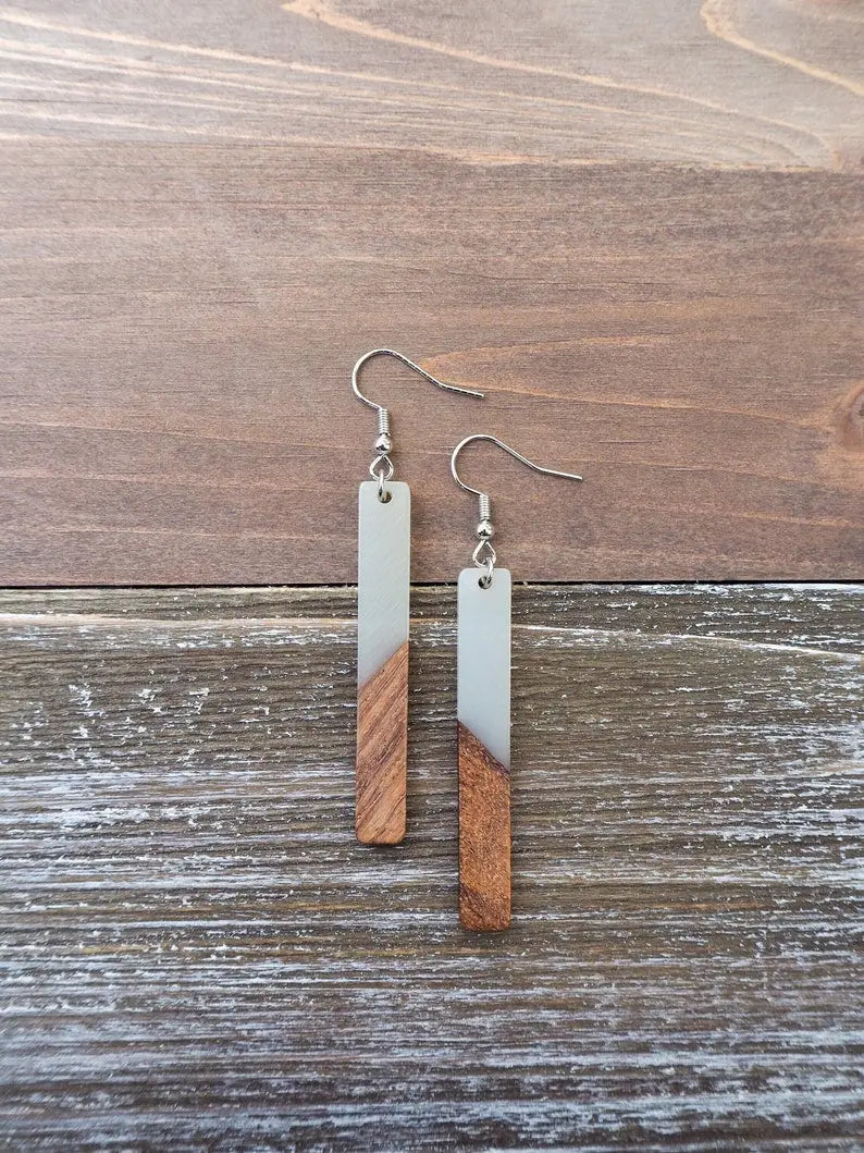 Smoky Gray &amp; Wood Bar Earrings On Wooden