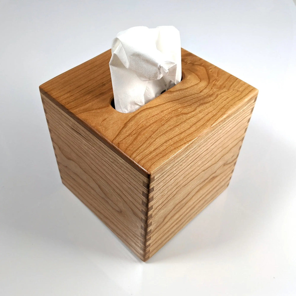 Solid Cherry Handmade Tissue Box Cover Holder – Small Boutique Square Cube Style – Box Jointed Sides On Wooden