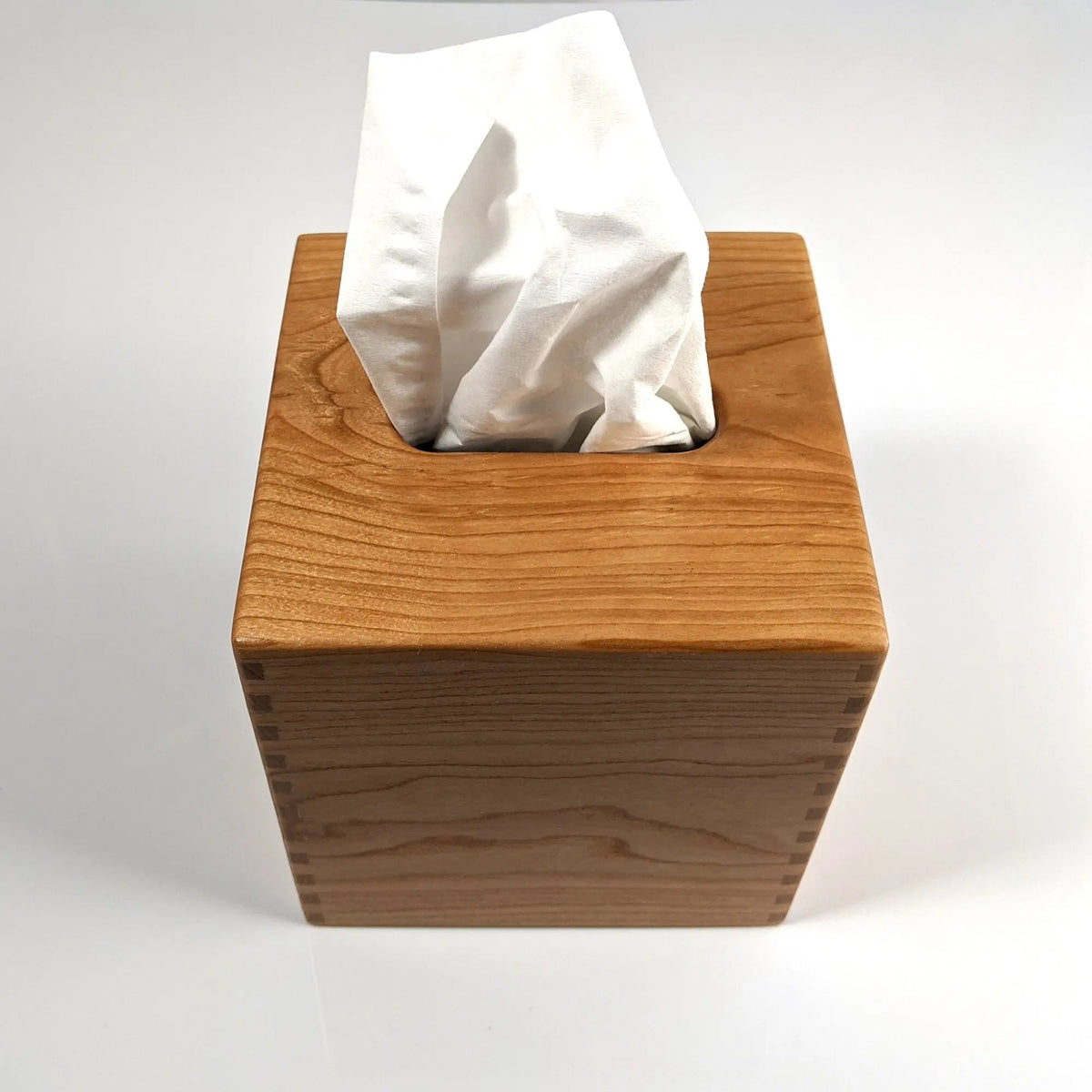 Solid Cherry Handmade Tissue Box Cover Holder – Small Boutique Square Cube Style – Box Jointed Sides On Wooden