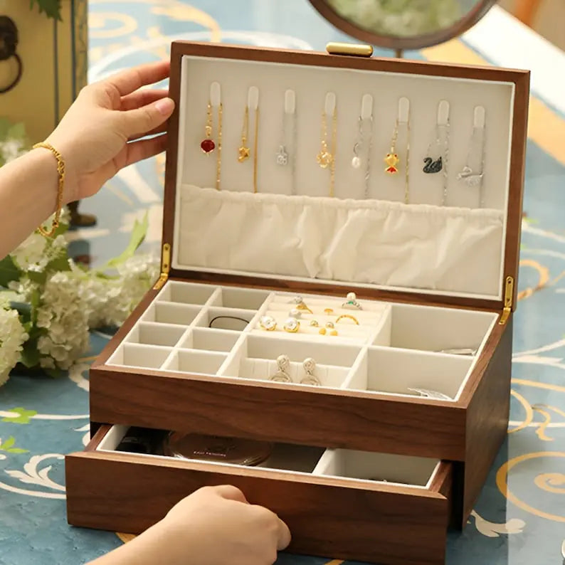 Vintage Walnut Wood Jewelry Box On Wooden