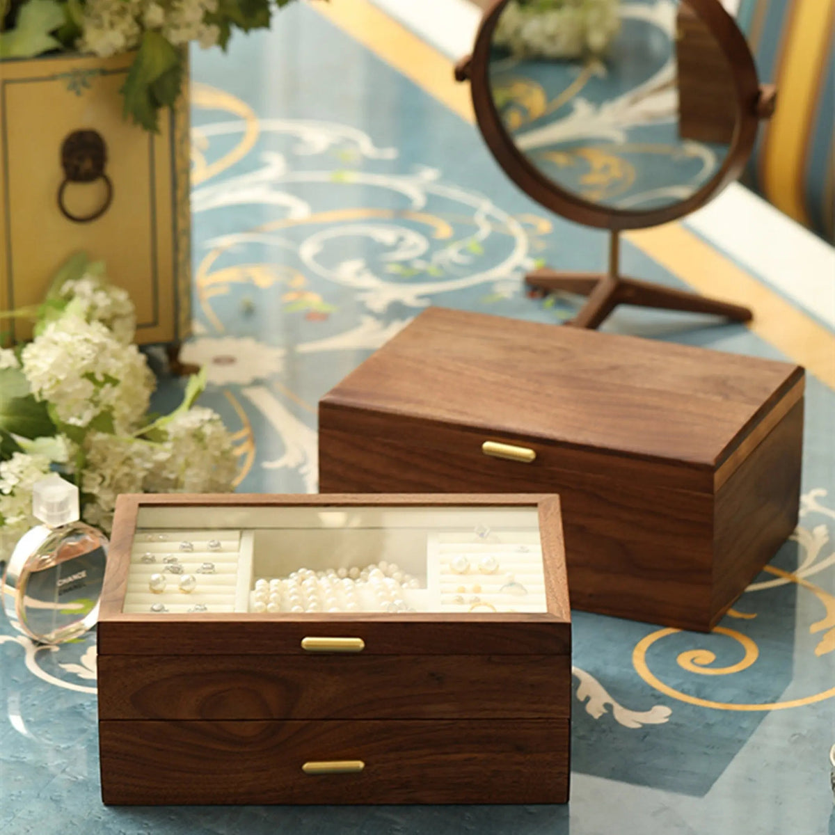 Vintage Walnut Wood Jewelry Box On Wooden