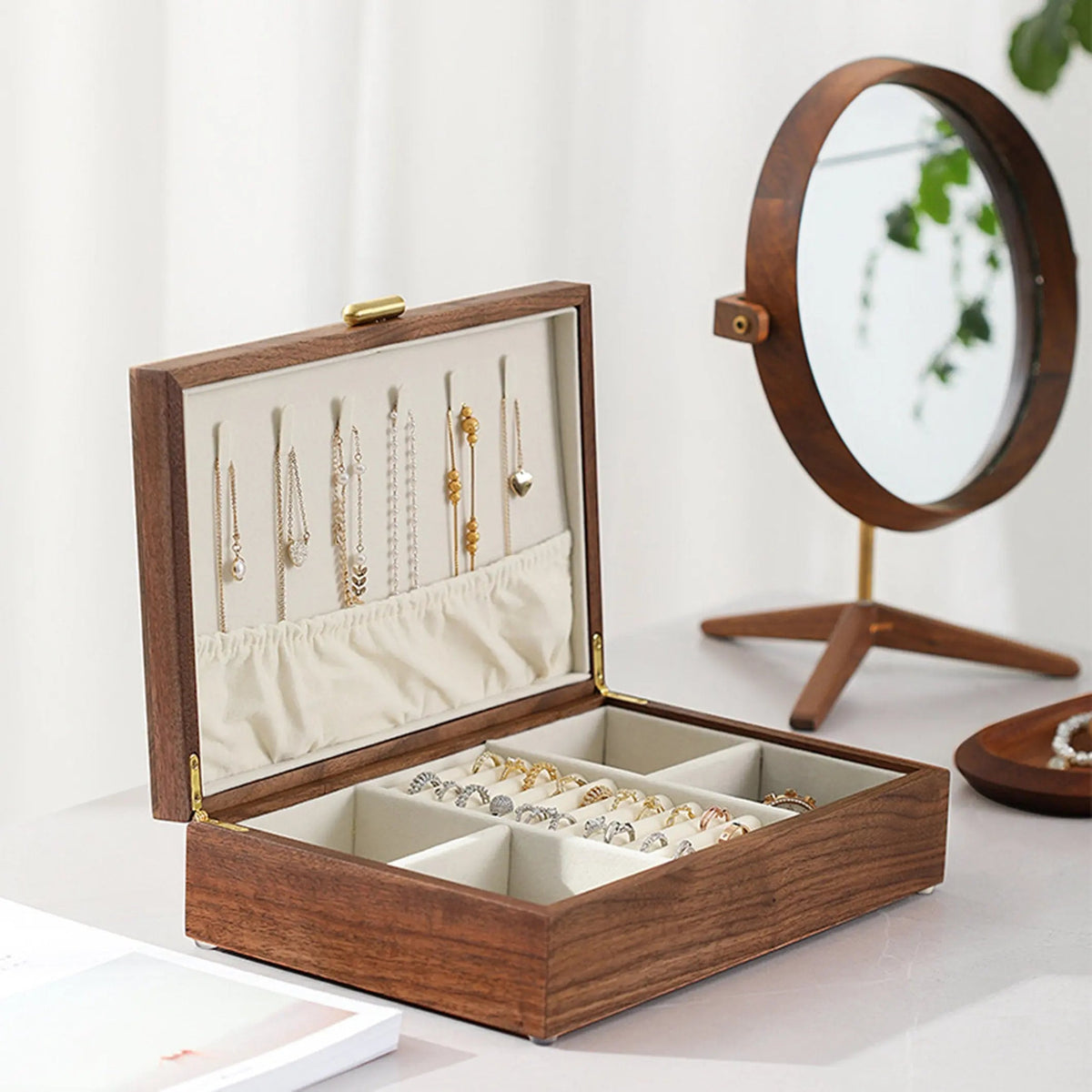 Vintage Walnut Wood Jewelry Box On Wooden