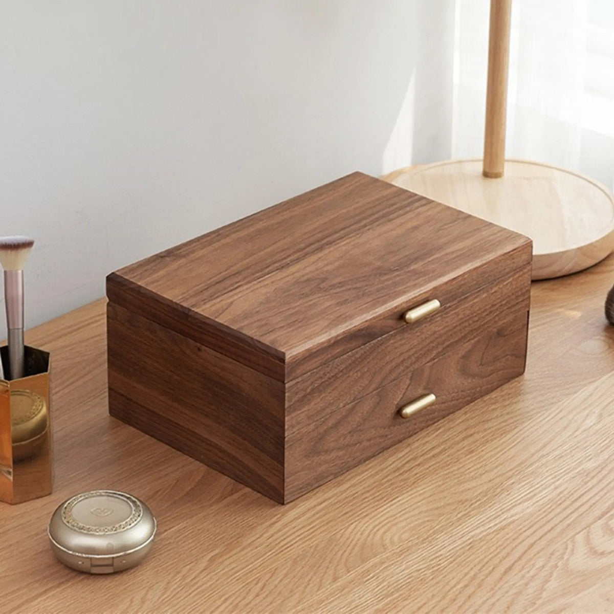 Vintage Walnut Wood Jewelry Box On Wooden