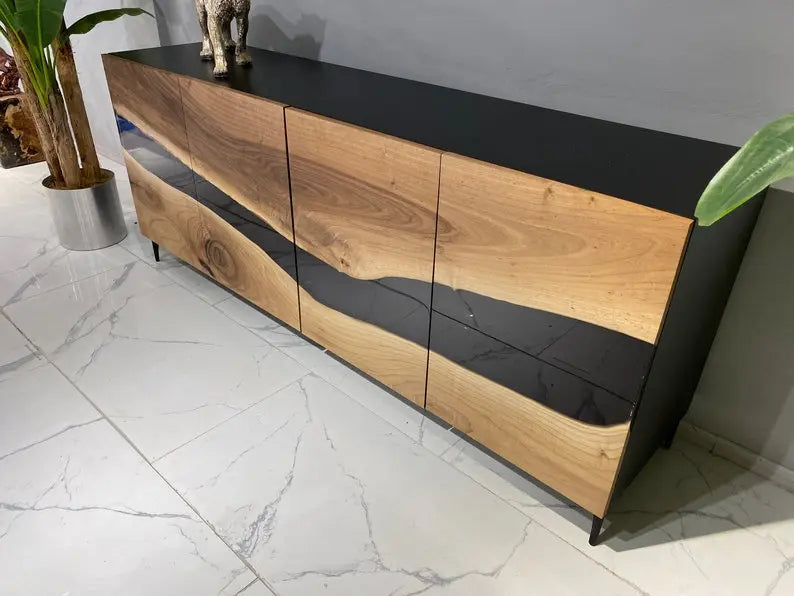 Wallnut Credenza|| Black Resin Wood Console | Custom Order Sideboard On Wooden