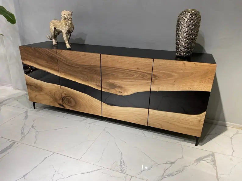 Wallnut Credenza|| Black Resin Wood Console | Custom Order Sideboard On Wooden