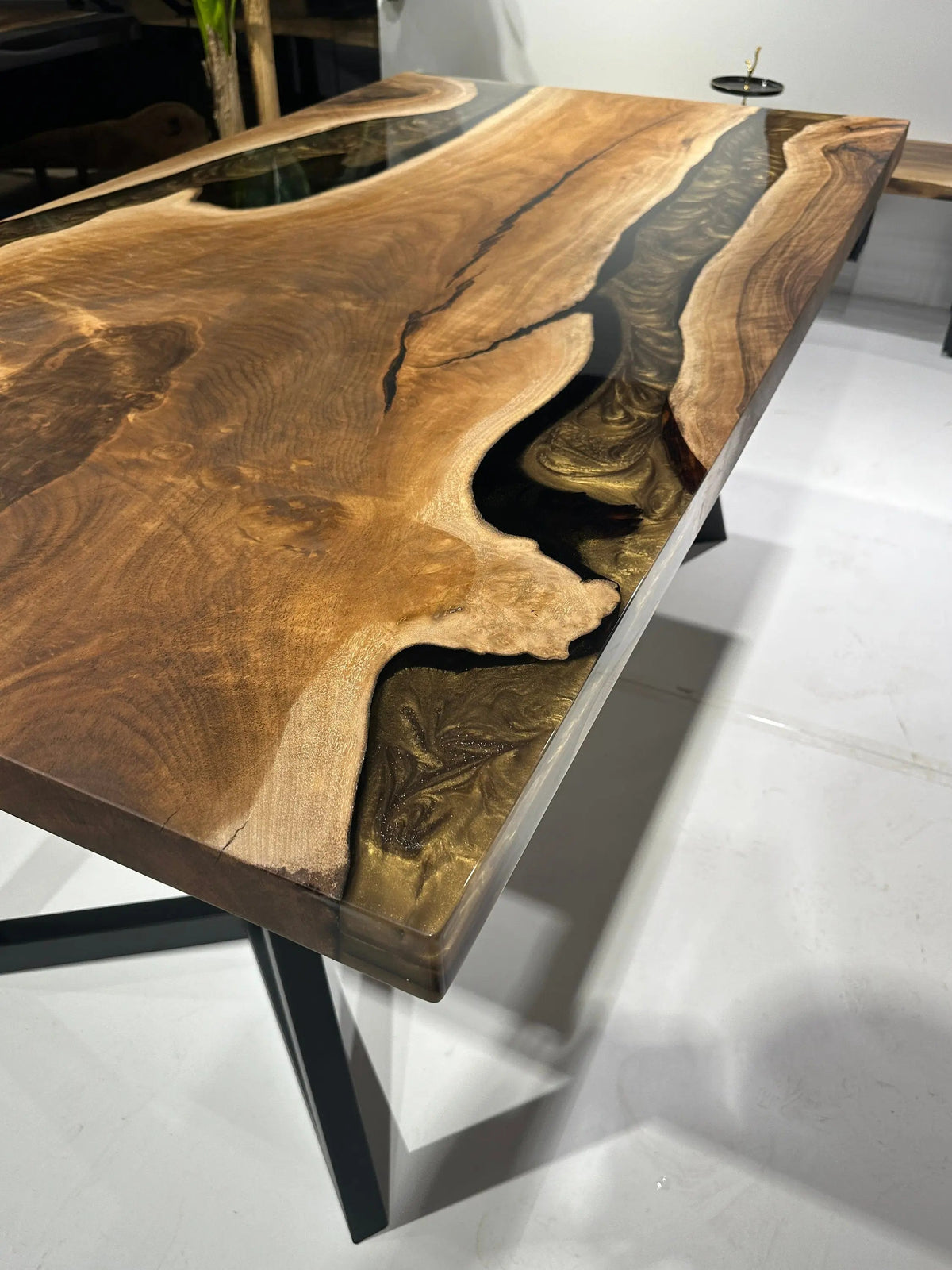 Walnut Epoxy Dining Table | Live Ege Wooden Table | Epoxy Resin Table On Wooden