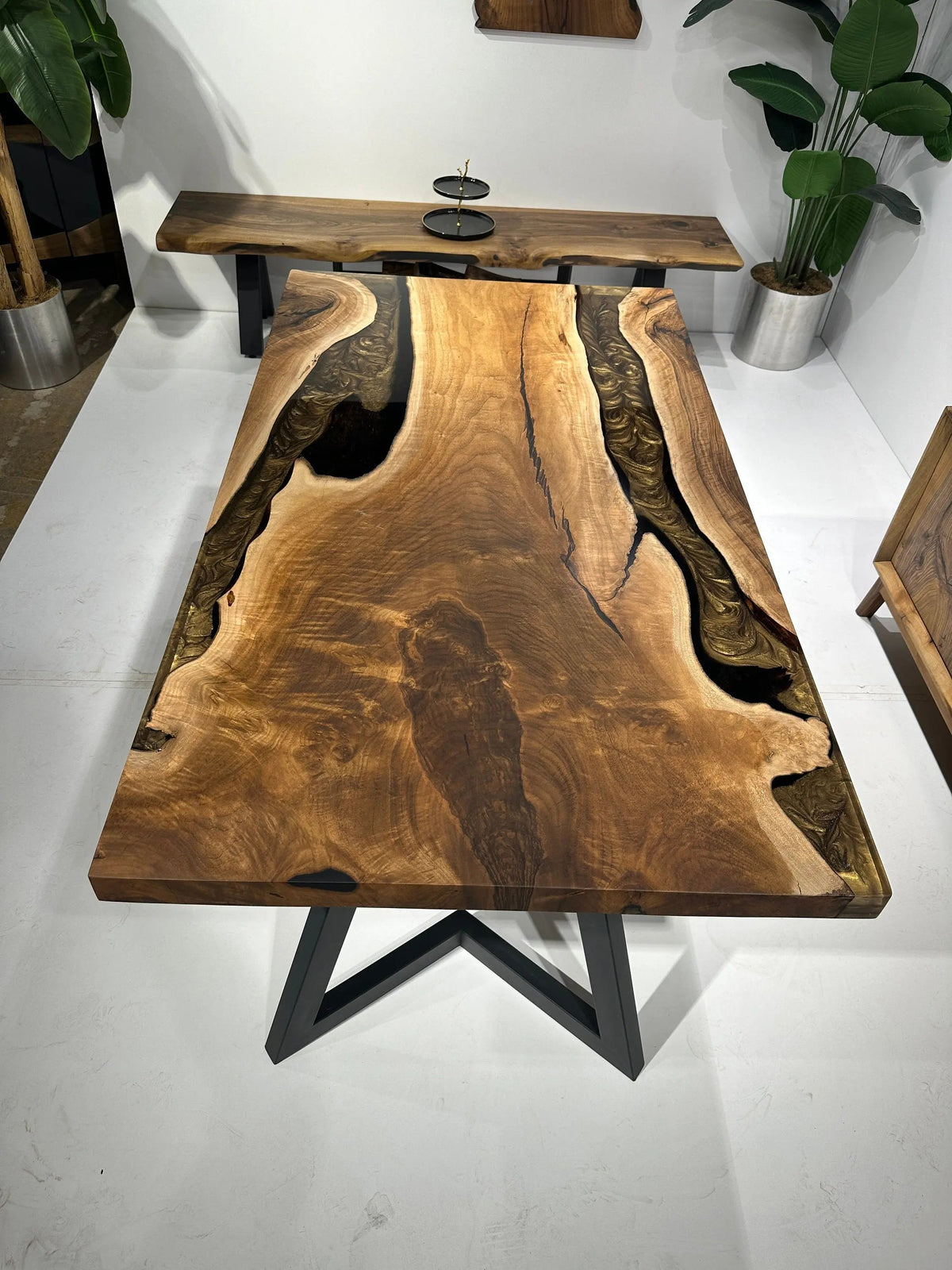 Walnut Epoxy Dining Table | Live Ege Wooden Table | Epoxy Resin Table On Wooden