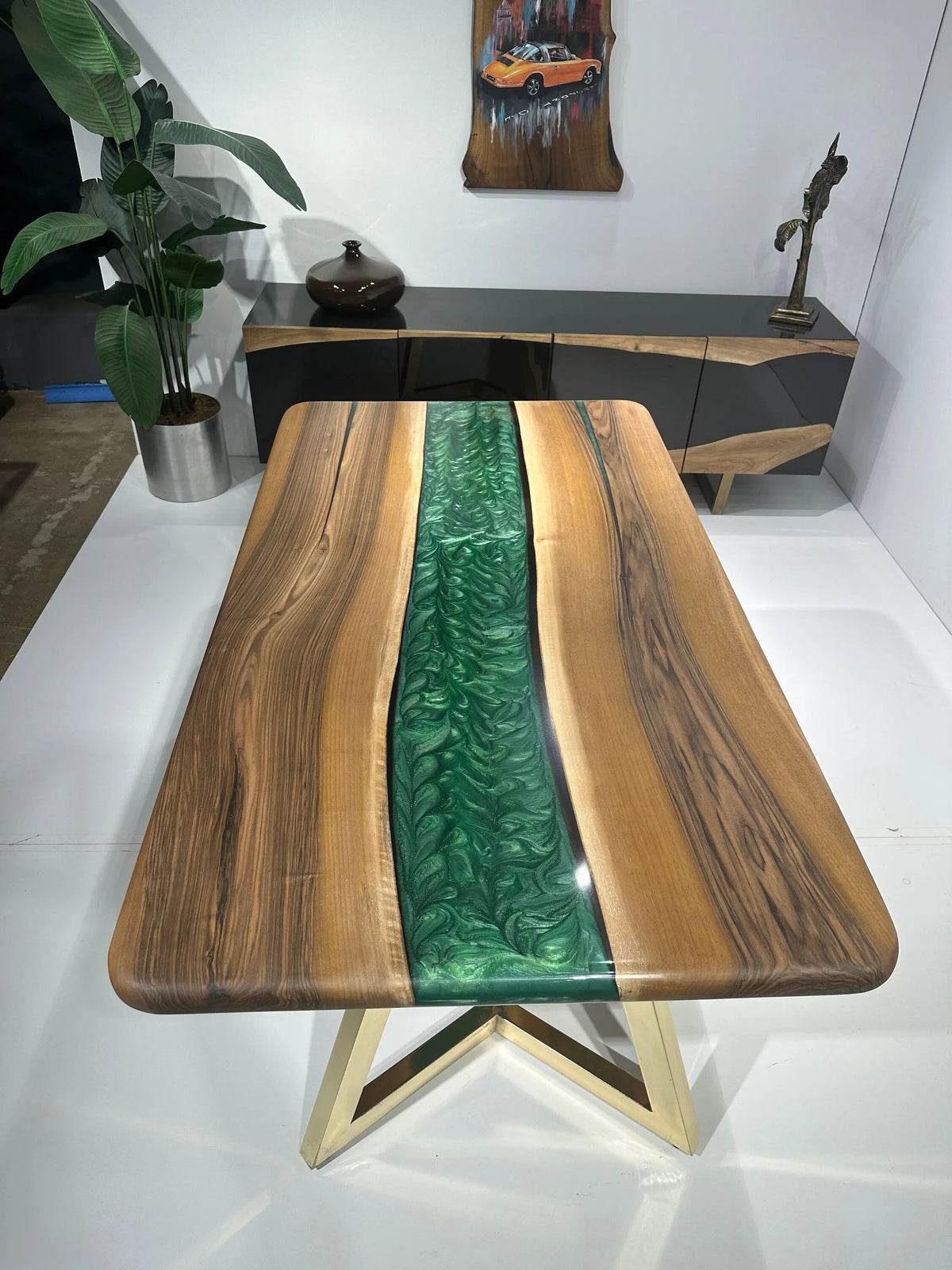 Walnut Green Epoxy River Table | Round Edge | Wooden Dining Table On Wooden