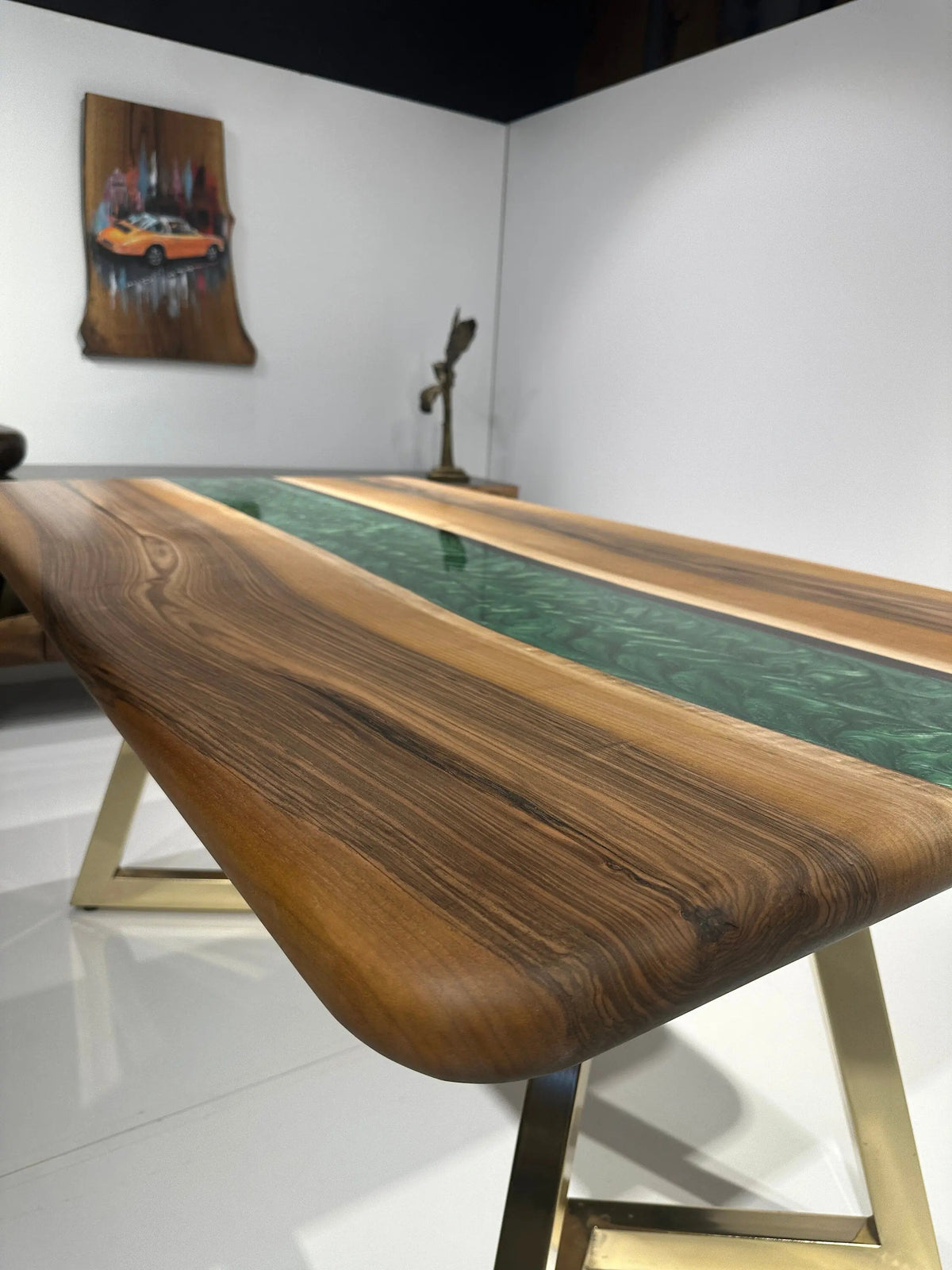 Walnut Green Epoxy River Table | Round Edge | Wooden Dining Table On Wooden