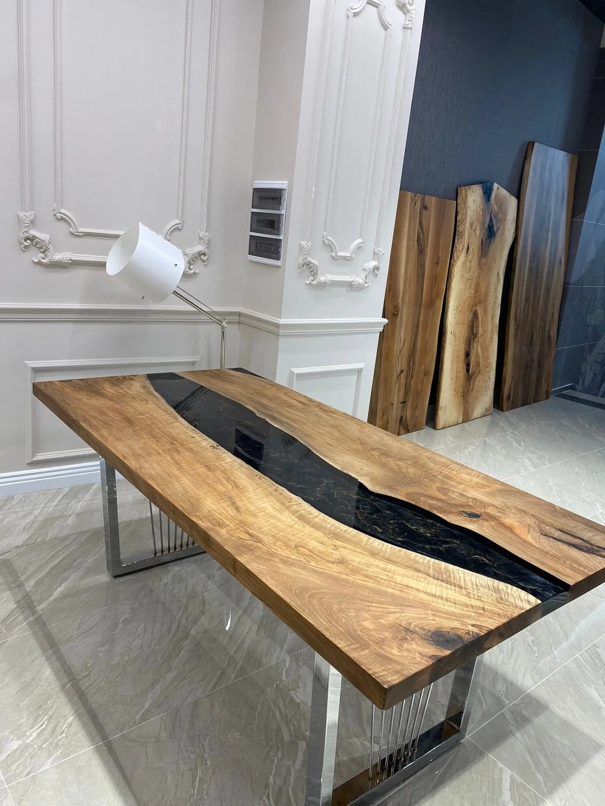 Walnut Wood River Table | Custom Order Epoxy River Table | Free Shipping | Natural Walnut Wood On Wooden