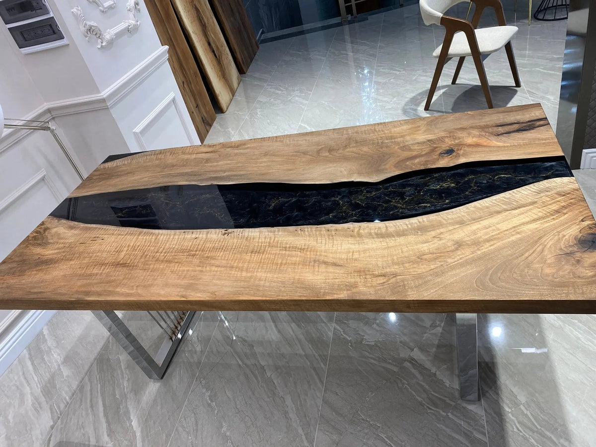 Walnut Wood River Table | Custom Order Epoxy River Table | Free Shipping | Natural Walnut Wood On Wooden