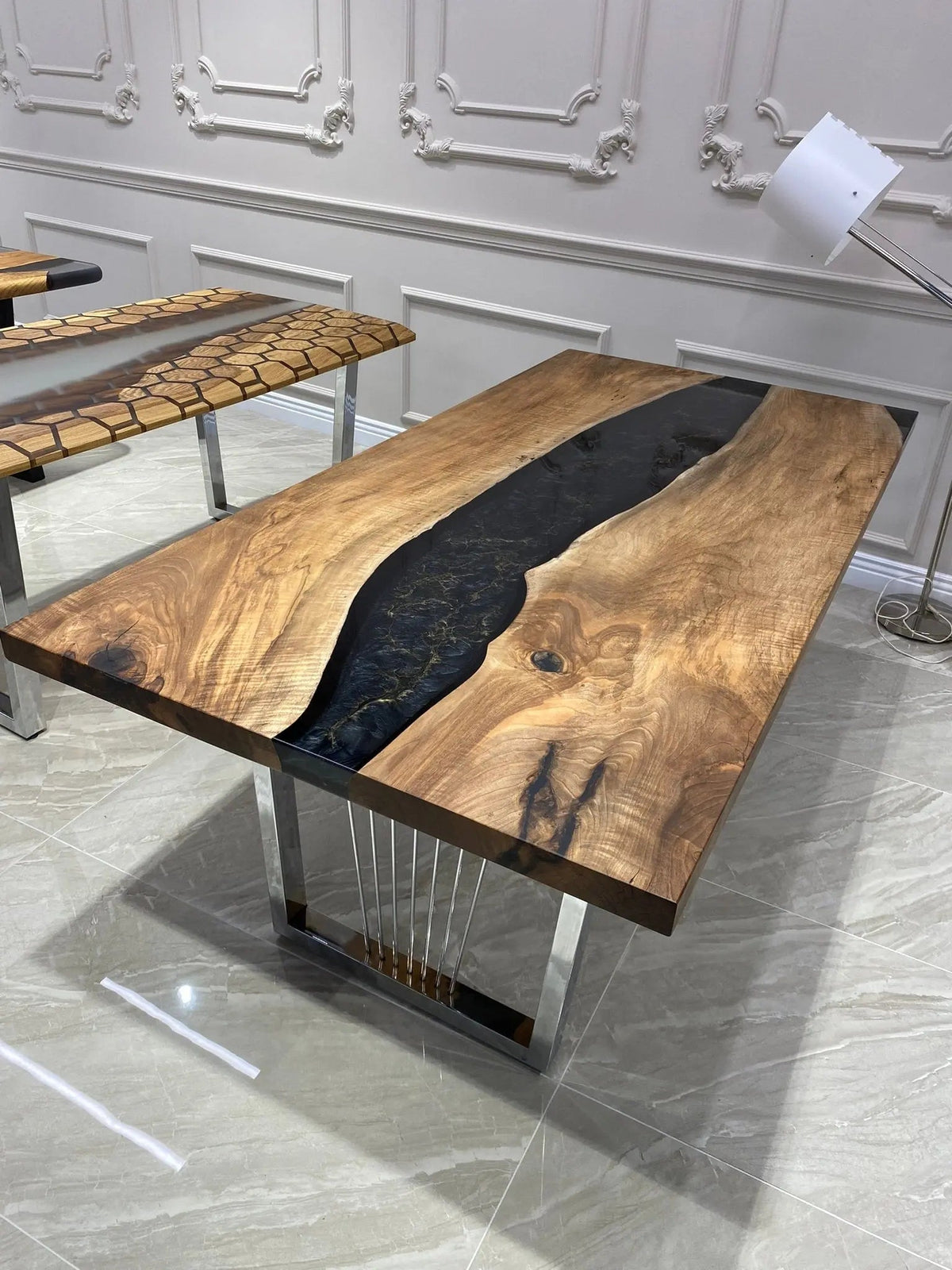 Walnut Wood River Table | Custom Order Epoxy River Table | Free Shipping | Natural Walnut Wood On Wooden