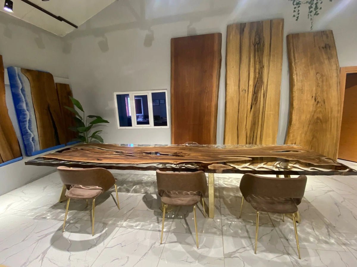 Wave Glass Walnut Slab Epoxy Table On Wooden