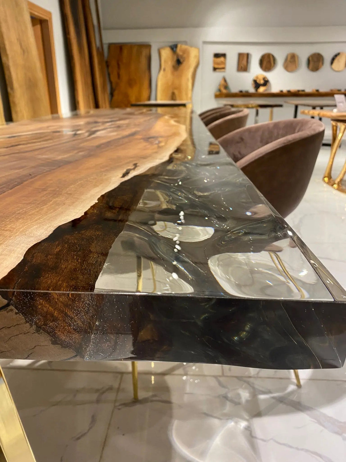 Wave Glass Walnut Slab Epoxy Table On Wooden