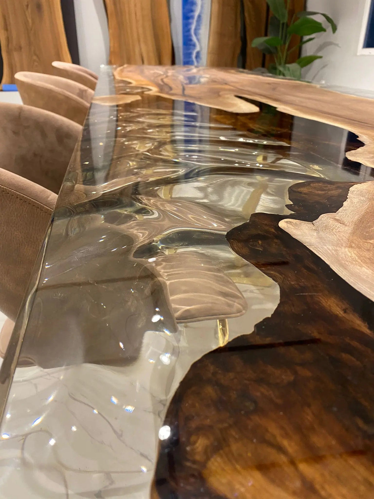 Wave Glass Walnut Slab Epoxy Table On Wooden