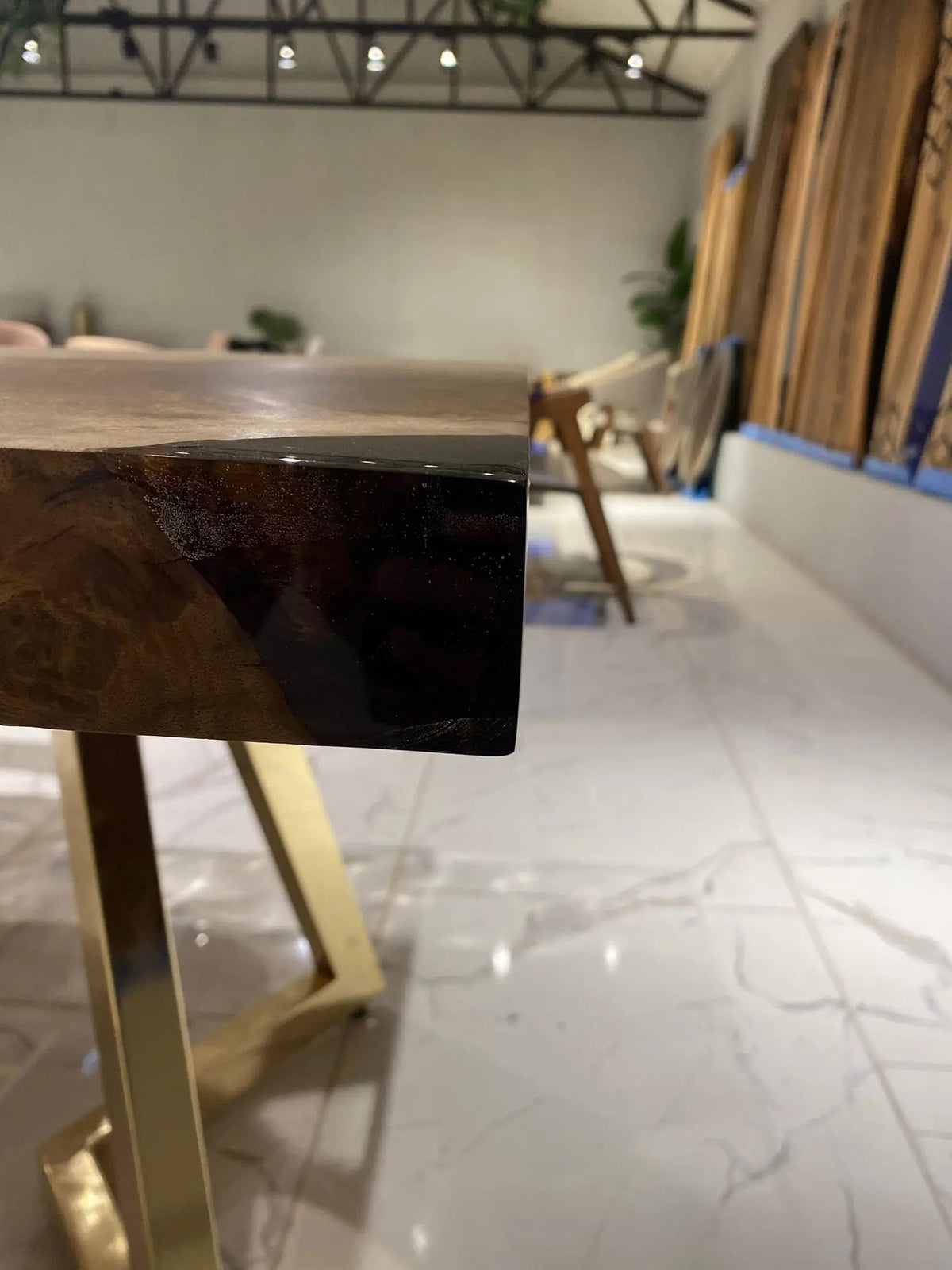 Wave Glass Walnut Slab Epoxy Table On Wooden