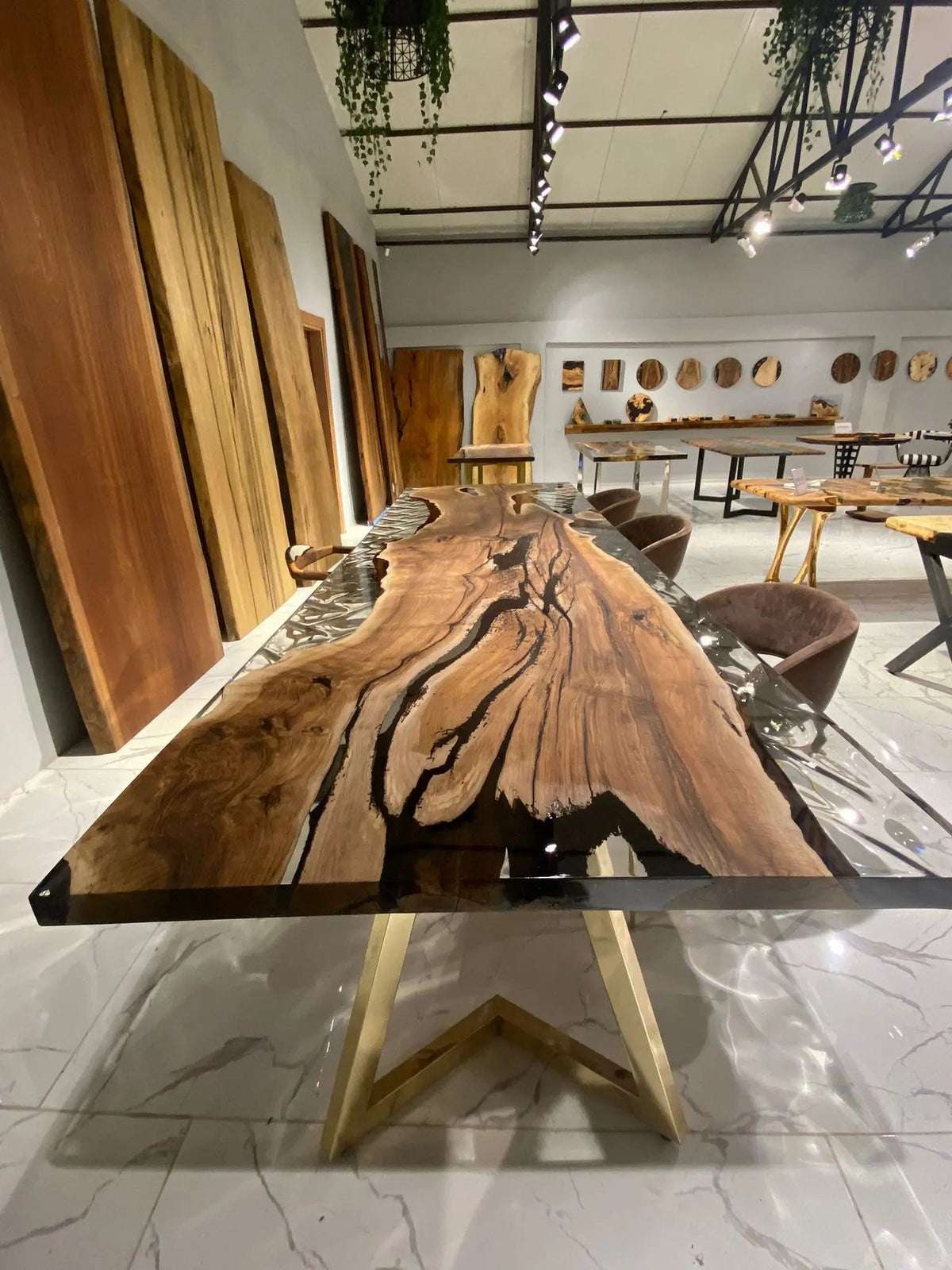 Wave Glass Walnut Slab Epoxy Table On Wooden