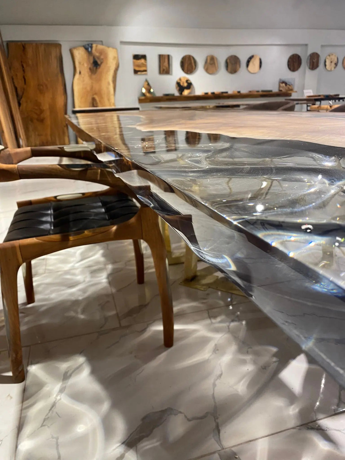 Wave Glass Walnut Slab Epoxy Table On Wooden