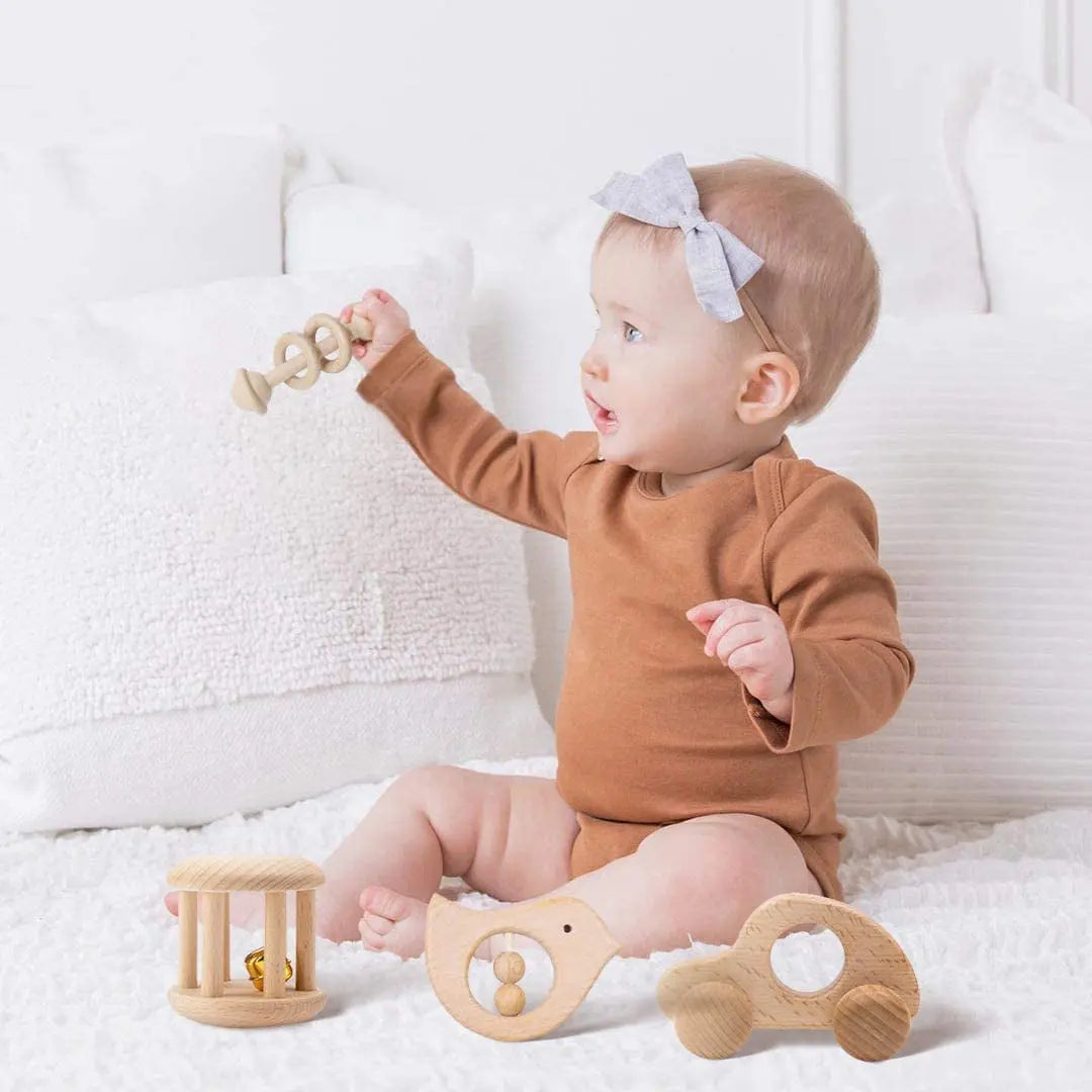 Wooden Baby Toys Wooden Rattle 4PC Handmade Natural Organic On Wooden