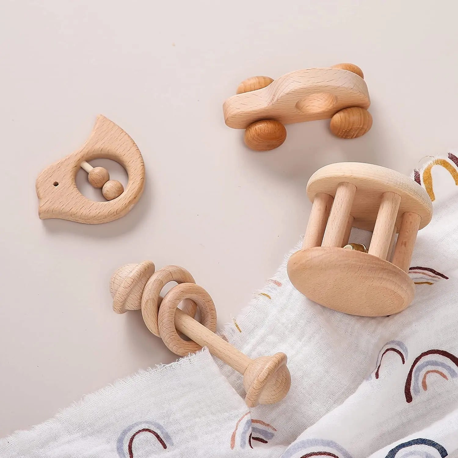 Wooden Baby Toys Wooden Rattle 4PC Handmade Natural Organic On Wooden