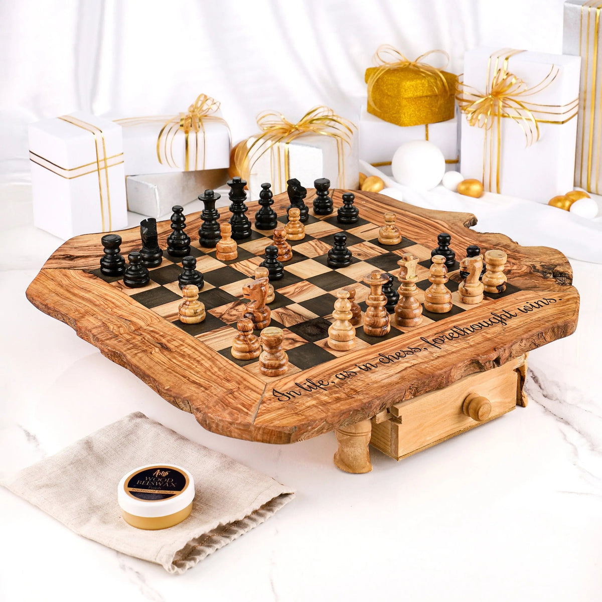 Wooden Chess Set Handmade from Olive Wood On Wooden