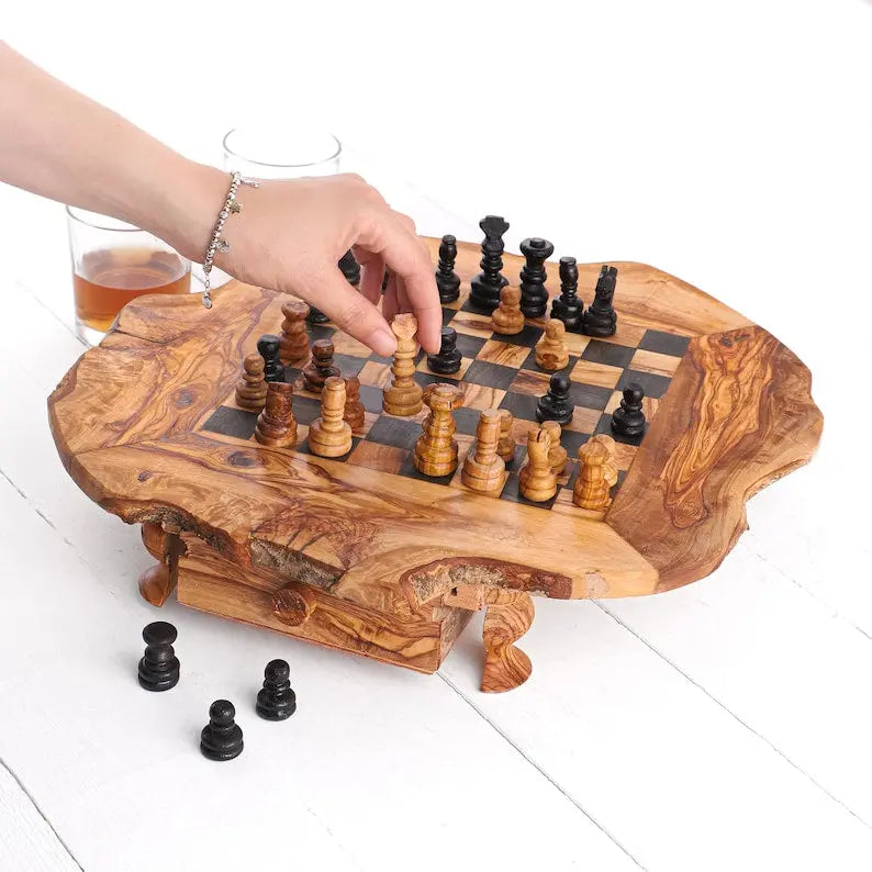 Wooden Chess Set Handmade from Olive Wood On Wooden