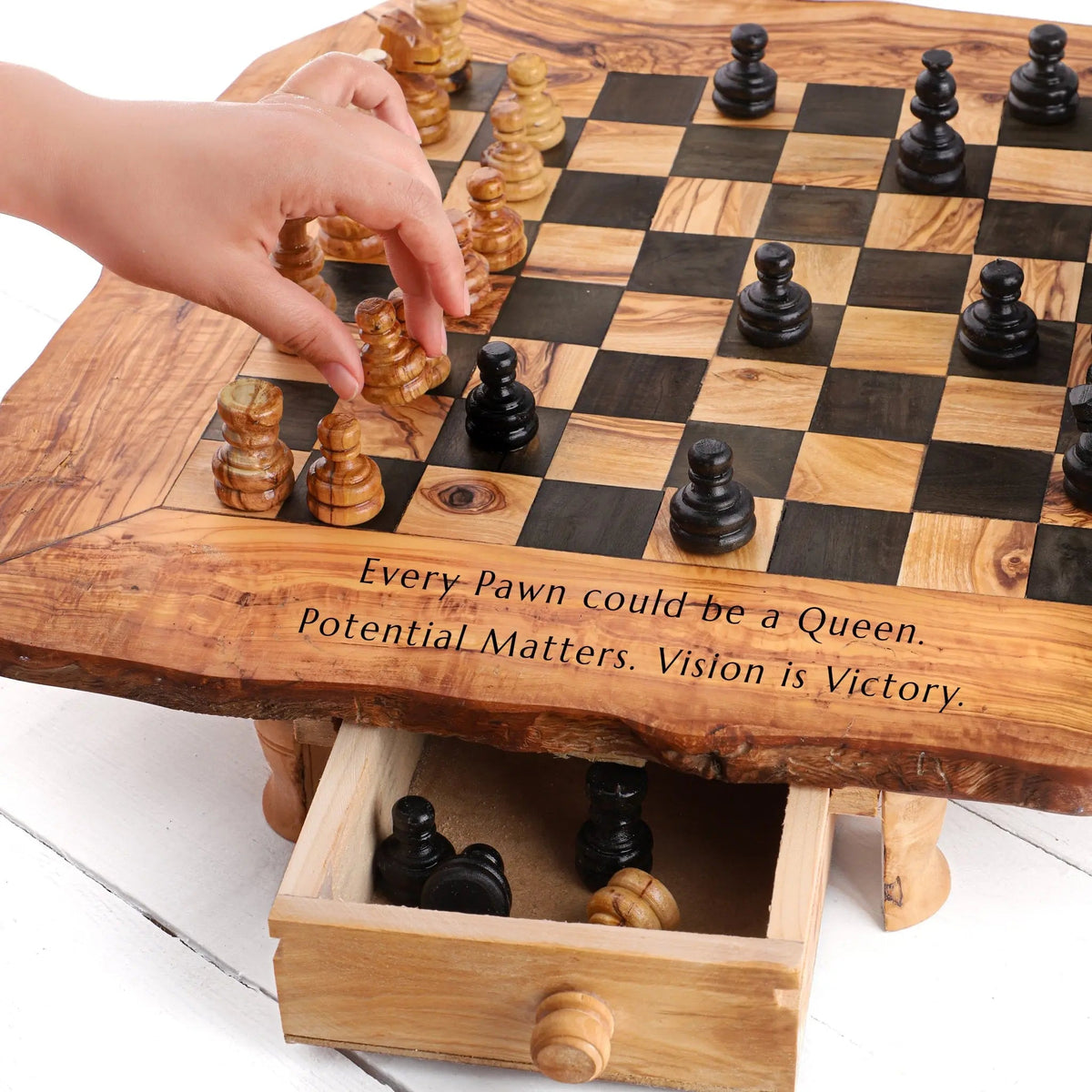 Wooden Chess Set Handmade from Olive Wood On Wooden