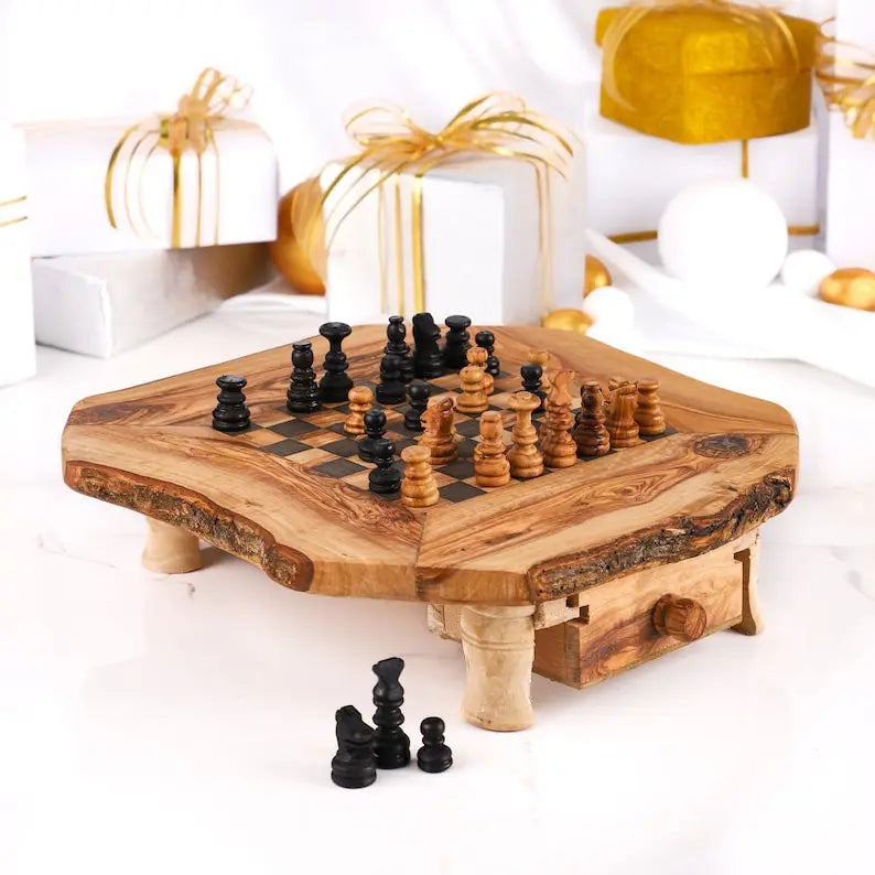 Wooden Chess Set Handmade from Olive Wood On Wooden