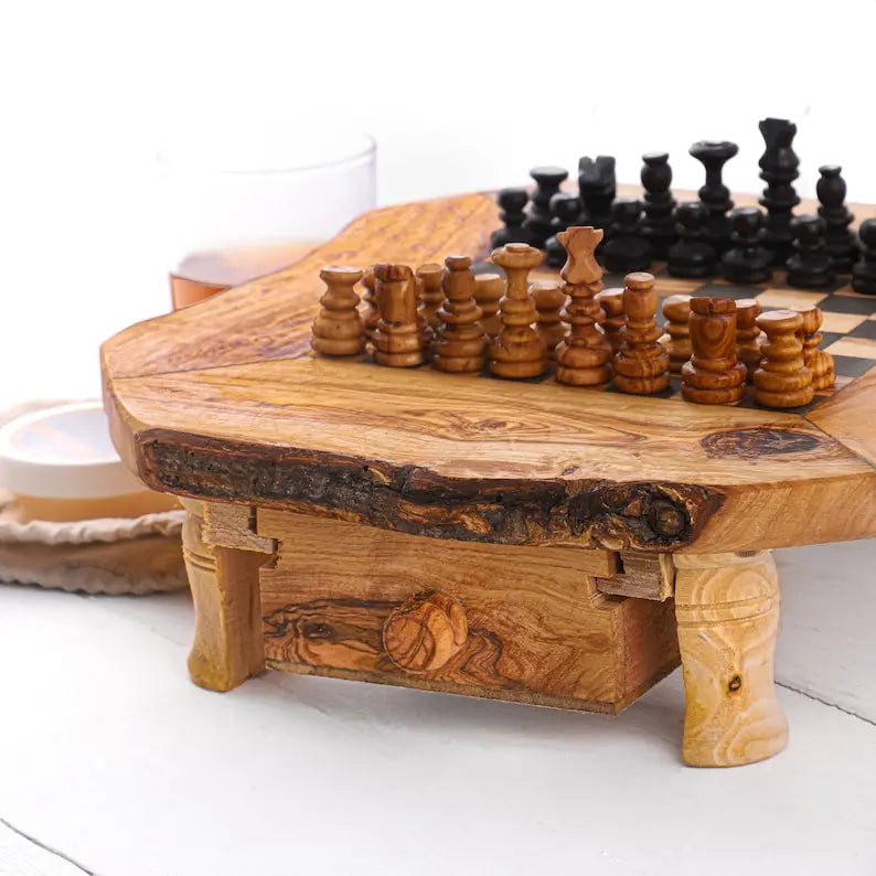 Wooden Chess Set Handmade from Olive Wood On Wooden