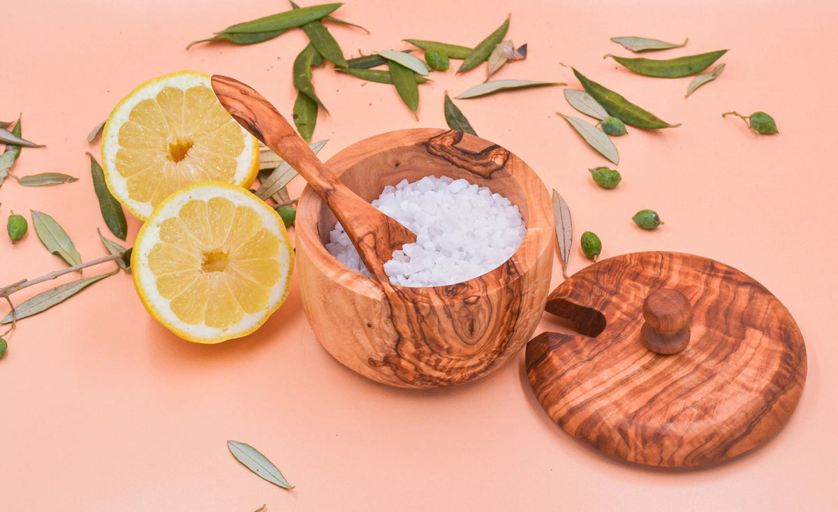 Wooden Salt Cellar with Spoon On Wooden