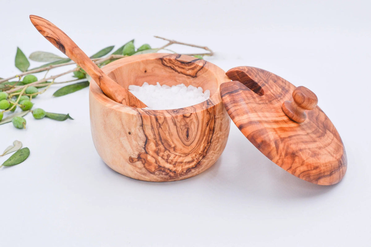 Wooden Salt Cellar with Spoon On Wooden