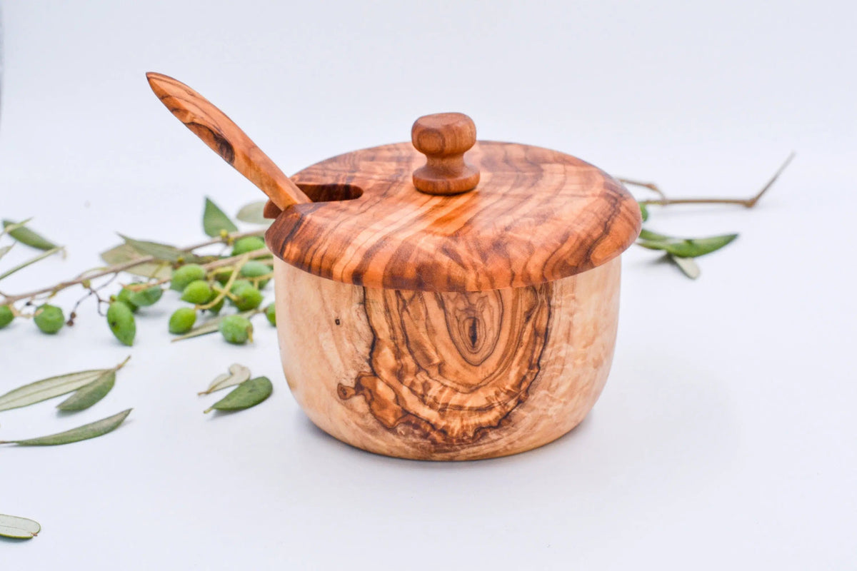 Wooden Salt Cellar with Spoon On Wooden