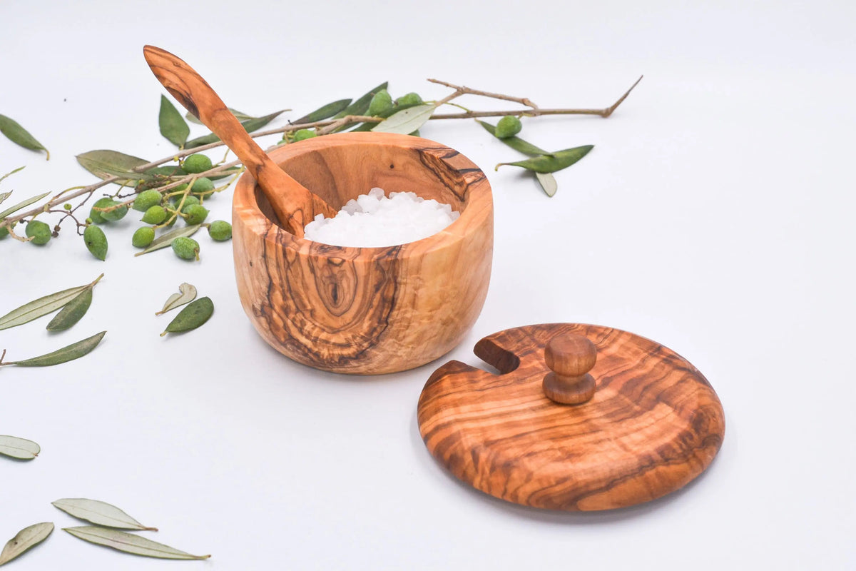 Wooden Salt Cellar with Spoon On Wooden